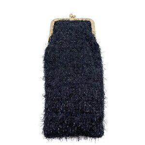 Vintage Black Cigarette Case Fluffy Kiss Lock Granny Gold Tone 6"